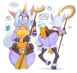 ... 2girls ? ass bare_legs bare_shoulders bent_over big_ass big_breasts big_butt big_hips big_thighs bottom_heavy breasts curvy dress_lift female female_only from_behind heart hooves horn kilinah kindred lamb_(league_of_legends) large_breasts league_of_legends lifting_dress long_hair panties pantyshot pointy_ears ponytail soraka staff standing tattoo very_long_hair weapon white_hair wide_hips yellow_eyes yuri