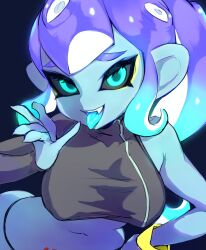 1girls 2019 bare_shoulders belly big_breasts blue_eyes blue_hair blue_skin breasts cartoony crop_top fangs female female_only highres humanoid jtveemo leaning_forward long_hair looking_at_viewer nintendo nipple_bulge octoling octoling_girl ponytail sanitized_octoling smile solo splatoon splatoon_(series) splatoon_2 splatoon_2:_octo_expansion tentacle_hair thong tongue tongue_out wide_hips