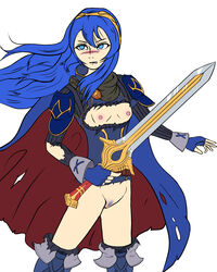 1girls bare_thighs blue_eyes blue_hair blush cape clenched_teeth embarrassed exposed_breasts exposed_pussy falchion_(fire_emblem) female_pubic_hair fingerless_gloves fire_emblem fire_emblem_awakening flat_chest frown gloves long_hair lucina_(fire_emblem) nintendo nipples no_panties pubic_hair pussy small_breasts solo solo_female sword tiara torn_clothes vlueno_jupiter weapon