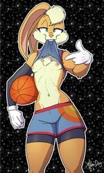 artbyyellowdog basketball female flashing_breasts furry green_eyes lola_bunny looney_tunes nude partially_clothed rabbit shorts small_breasts solo space_jam warner_brothers yellow_fur