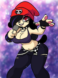 1girls andrew_dickman anthro awd black_hair black_nails breasts choker cleavage clothed crop_top eyeshadow female female_only fingerless_gloves freckles furry goth grin hair_over_one_eye hat large_breasts looking_at_viewer microphone nail_polish navel parappa parappa_the_rapper purple_hair red_eyes ring rule_63 smile solo streetwear tail tank_top