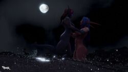 3d big_breasts blizzard_entertainment lifted_by_another looking_at_another moon night night_elf outside tshask void_elf water world_of_warcraft yuri