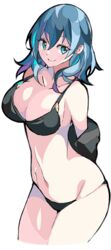 1girls alternate_costume arms_behind_back bikini black_bikini black_swimsuit blue_eyes blue_hair breasts byleth_(fire_emblem) byleth_(fire_emblem)_(female) cleavage collarbone cowboy_shot cropped_legs enpe eyebrows_visible_through_hair female fire_emblem fire_emblem:_three_houses hair_between_eyes highres large_breasts medium_hair navel nintendo shiny shiny_skin sideways_glance simple_background smile solo solo_female swimsuit teal_hair white_background