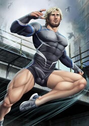 1boy aaron_taylor-johnson actor asmodis_(artist) avengers avengers:_age_of_ultron blonde_hair bulge celebrity erection erection_under_clothes human human_only in_character light-skinned_male light_skin male male_only marvel muscular muscular_legs muscular_male nipple_bulge penis_outline penis_under_clothes pietro_maximoff quicksilver running shorts solo solo_male tight_clothing