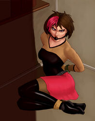 1girls angry arms_behind_back art-thas ball_gag belt beltskirt black_clothing black_footwear black_legwear bondage bracelet breasts brown_hair colored_hair eyebrows female female_only femsub footwear gag harry_potter harry_potter:_hogwarts_mystery hogwarts human human_only indoors latex latex_thighhighs legwear light-skinned_female light_skin looking_at_viewer medium_breasts merula_snyde on_floor pink_clothing pink_hair pink_skirt purple_eyes rope rope_bondage sad shirt shoes sitting skirt solo submissive submissive_female thighhighs tied_hands tied_legs transparent_clothing two_tone_hair valentine's_day