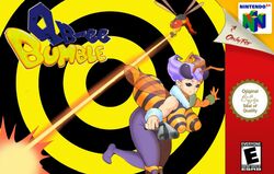 1girls 2020 antennae artist_name ass at_gunpoint bare_shoulders bee bee_girl bee_sting big_ass black_background bracelet breasts buck_bumble buck_bumble_(game) clothing compound_eyes copyright_name crossover darkstalkers esrb fake_cover feet female female_only flying_sweatdrops fur_trim game_cover gun highres insect_girl insect_wings insects large_breasts laser leaning_forward looking_at_viewer monster monster_girl nintendo_64 parody pointy_breasts purple_eyes purple_hair q-bee short_hair signature smile sourbooze stinger thick_thighs thighs tight_clothing translucent_wings wings yellow_background