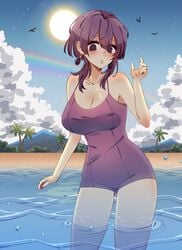 1girls alternate_breast_size artist_name bare_shoulders beach bernadetta_von_varley bird blush breasts cleavage cloud commentary earrings eine_(eine_dx) english_commentary female fire_emblem fire_emblem:_three_houses grey_eyes hand_up highres jewelry large_breasts medium_hair nintendo one-piece_swimsuit open_mouth palm_tree partially_submerged post-timeskip purple_hair purple_swimsuit rainbow short_hair short_hair_with_long_locks solo solo_female spaghetti_strap sun swimsuit tree