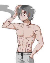 black_underwear clothed danganronpa danganronpa_another fanganronpa gray_eyes gray_hair hashimoto_shobai muscular partially_clothed scar scars sdra2 smoking smooth_skin solo_male super_danganronpa_another_2 white_jeans