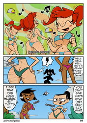 3girls ass ass_cleavage big_breasts bikini black_hair brit_crust butt_crack comic dancing dark-skinned_female dialogue english_text female flat_chest garabatoz humanized jenny_wakeman jenny_wakeman_(exo-skin) mob_face my_life_as_a_teenage_robot nickelodeon page_3 personification pikipek pokemon red_hair swimsuit tiff_crust wide_hips wingull xj-9