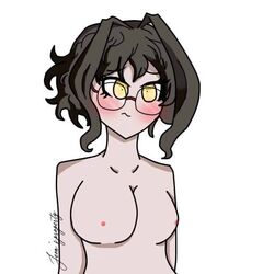 1girls black_hair breasts danganronpa danganronpa_another fanganronpa female female_only glasses mitsume_kokoro nipples sdra2 solo_female straight_hair super_danganronpa_another_2 yellow_eyes