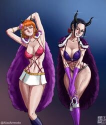 2girls abs aliasartwork armlet beast_pirates beast_pirates_(cosplay) bikini bikini_uniform biting_lip black_hair blue_eyes bracelet cape cleavage devil_horns earrings female female_only fully_clothed gloves hairbow horns jewelry lingerie long_hair looking_at_viewer nami nico_robin one_piece orange_hair partially_clothed pink_bra post-timeskip purple_bra redhead revealing_clothes skirt swimsuit tagme thong whale_tail wink