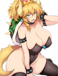 1girls blonde_hair blue_eyes bowsette breasts breasts_bigger_than_head crown female female_only horns huge_breasts kneeling leotard looking_back mario_(series) new_super_mario_bros._u_deluxe nintendo plump sitting solo super_crown tagme tail thick_thighs thighs tsukasawa_takamatsu voluptuous wariza white_background