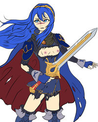 1girls bare_thighs blue_eyes blue_hair blush cape clenched_teeth embarrassed exposed_breasts falchion_(fire_emblem) fingerless_gloves fire_emblem fire_emblem_awakening flat_chest frown gloves long_hair lucina_(fire_emblem) nintendo nipples small_breasts solo solo_female sword tiara torn_clothes vlueno_jupiter weapon