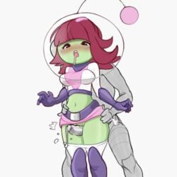 anon antennae blush breasts cum cum_drip drooling ejaculation_between_thighs green_skin helmet luna_(mighty_milky_way) mighty_milky_way miniskirt open_mouth pants_down skirt skirt_lift space_suit thick_thighs thigh_sex