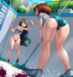 2girls absurd_res ass bare_legs bare_thighs bent_over bikini black_hair blue_sky born-to-die breasts brown_hair cameltoe cleaning clothing day female female_only hat headwear hi_res highleg highleg_panties holding_bottle in_profile legs long_hair multiple_girls my_hero_academia navel ochako_uraraka outdoors panties plant pool shiny shiny_hair shiny_skin shirt sky sleeveless sleeveless_shirt smile soap standing sweat swimsuit thighs tiles tongue tongue_out tsuyu_asui underwear white_hat white_headwear white_shirt