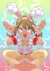 1boy 1girls absurdres ahe_gao animal_ears bangs brown_hair bunny_pose choker clothed_female_nude_male commentary_request eyelashes fake_animal_ears female grey_eyes hairband hands_up heart highres may_(pokemon) miraa_(chikurin) nude official_alternate_costume open_mouth overflow pantyhose penis pink_choker pink_footwear pink_shirt pokemon pokemon_(game) pokemon_masters pokemon_masters_ex pussy rolling_eyes saliva sex shirt shoes short_sleeves sparkle spread_legs spring_may_(pokemon_masters) squatting_cowgirl_position star_(symbol) straight sweat tearing_up tongue tongue_out torn_clothes torn_legwear trembling vaginal_penetration wrist_cuffs yellow_hairband yellow_legwear