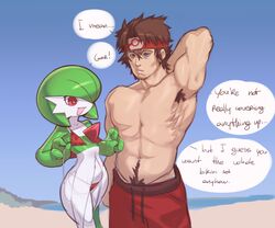 1boy 1girls anthro armpit_hair beach bikini clothed clothing cute dialogue duo female gardevoir human light_skin male mystical pale_skin partially_clothed plantpenetrator pokémon_(species) pokemon pokemon_(species) standing swimwear text topless