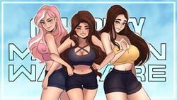 3girls aches big_breasts bordie breasts brown_hair cleavage female female_focus female_only heyimbee large_breasts long_hair lumiixq multiple_girls official_art pink_hair shorts thumbnail trio trio_focus youtube youtuber