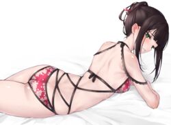 1girls ass ass_cleavage bare_shoulders bed bikini black_hair butt_crack criss-cross_halter female female_only hairpin highres kurosawa_dia laying_on_bed laying_on_side long_hair looking_pleasured love_live! love_live!_sunshine!! nasuno_(nasuno42) open_mouth presenting sideboob small_breasts solo swimsuit tagme