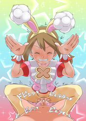 1boy 1girls absurdres animal_ears bangs blush breath brown_hair bunny_ears bunny_pose choker clenched_teeth closed_eyes clothed_female_nude_male commentary_request cum cum_in_pussy eyelashes fake_animal_ears female hairband hands_up highres may_(pokemon) miraa_(chikurin) nude official_alternate_costume overflow pantyhose penis pink_choker pink_footwear pink_shirt pokemon pokemon_(game) pokemon_masters pokemon_masters_ex pussy sex shirt shoes short_sleeves sparkle spread_legs spring_may_(pokemon_masters) squatting_cowgirl_position star_(symbol) straight sweat teeth torn_clothes torn_legwear vaginal_penetration wrist_cuffs yellow_hairband yellow_legwear