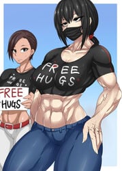 2girls abs black_eyes black_hair brown_hair face_mask facemask fit fit_female freckles free_hugs green_eyes hazel_eyes heart jeans large_breasts long_hair multiple_girls muscles muscular muscular_female oc original original_character scar shirt_logo sign sweatdrop takano_togainu_(zokosuke) tight_clothing zokusuke