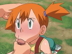 1boy :>= blowjob blowjob_face blush censored commentary_request day fellatio fellatio_face female grass green_eyes green_shorts hair_tie hand_on_another's_head kasumi_(pokemon) miraa_(chikurin) mosaic_censoring oral oral_sex orange_hair outdoors penis pokemon pokemon_(anime) pokemon_(classic_anime) raised_eyebrows shiny shiny_skin shirt shoes short_hair shorts side_ponytail sneakers straight suspenders sweat tied_hair vacuum-like_fellatio vacuum_blowjob vacuum_fellatio vacuum_suck yellow_shirt