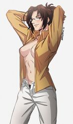 1girls arms_up artesdealy attack_on_titan breasts brown_hair clothing female female_only female_soldier glasses hanji_zoe looking_at_viewer mature_female nipples no_bra open_shirt ponytail seductive seductive_look seductive_pose shingeki_no_kyojin solo solo_female solo_focus standing unbuttoned_pants white_background