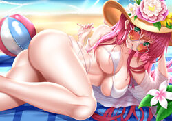 1girls absurdres ass azur_lane ball bangs bare_shoulders beach beachball bikini bikini_pull breasts chanel clothes_pull female flower green_eyes hat hat_flower head_rest highres large_breasts legs_folded long_hair looking_at_viewer looking_over_eyewear looking_over_glasses looking_over_sunglasses lying mat mouth_hold nail_polish navel on_side orange-tinted_eyewear outdoors pink_hair pink_nails sakuraoo sand shiny shiny_skin skindentation sky solo strap_gap straw_hat sunglasses surcouf_(azur_lane) surcouf_(loisirs_balneaires)_(azur_lane) swimsuit tinted_eyewear water white_bikini