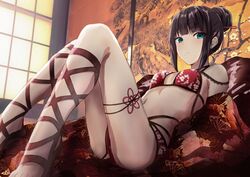 1girls ass bare_shoulders bed black_hair criss-cross_halter female female_only hairpin hems5288 japanese_clothes kurosawa_dia laying_on_bed long_hair looking_at_viewer love_live! love_live!_sunshine!! open_mouth sandals sitting small_breasts solo tagme