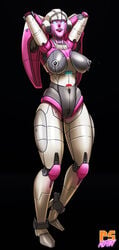 1girls 2d 2d_(artwork) arcee arcee_(g1) arms_behind_head artist_logo big_breasts black_background blue_eyes breasts built-in_high_heels female female_only grey_breasts grey_nipples high_heels lactating leaking_milk nipples pumpkinsinclair pussy red_lips robot robot_girl simple_background solo solo_female source_request thick_legs thick_thighs transformers transformers_g1 vagina