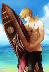 1boy abs ass balls blonde_hair cum erection genshin_impact green_eyes lilprincyvi long_hair looking_at_viewer male male_only muscular muscular_male necklace nipples partially_clothed pecs penis ponytail public shirtless smile surfing_board testicles thoma_(genshin_impact) topless uncensored