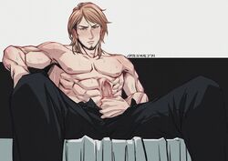 1boy abs artesdealy athletic_male attack_on_titan bodily_fluids clothing erect_penis fit_female genital_fluids genitals hand_on_penis handsome jean_kirstein legs_apart male_abs male_focus male_only masturbation muscular muscular_male pants pants_only penis precum precum_drip sculpted_abs shingeki_no_kyojin shirtless shirtless_(male) sitting solo solo_focus solo_male sweat sweatdrop toned_male