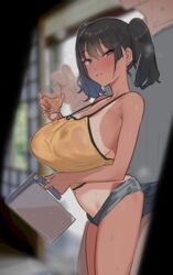 black_hair female huge_breasts kanna_sasaki_(kaedeko) looking_at_viewer micro_shorts no_bra original purple_eyes smile suisogenshi teasing_viewer