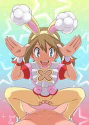 1boy 1girls :d absurdres animal_ears bangs blush brown_hair bunny_pose choker clothed_female_nude_male commentary_request eyelashes fake_animal_ears female grey_eyes hairband hands_up highres may_(pokemon) miraa_(chikurin) nude official_alternate_costume open_mouth pantyhose pink_choker pink_footwear pink_shirt pokemon pokemon_(game) pokemon_masters pokemon_masters_ex pussy shirt shoes short_sleeves smile sparkle spread_legs spring_may_(pokemon_masters) squatting_cowgirl_position star_(symbol) straight tongue torn_clothes torn_legwear upper_teeth wrist_cuffs yellow_hairband yellow_legwear