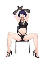 1girls black_bra black_underwear bra chair gloves hands_up heels jason_kim kyoka_jiro legs_apart legs_spread lingerie my_hero_academia only_female purple_hair sitting sitting_on_chair tongue_out underwear