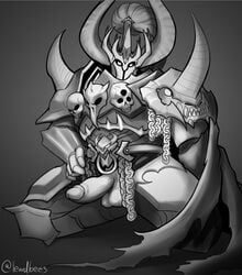 1boy archaon armor big_penis cape chains chaos_(warhammer) chaos_cultist grayscale greyscale helmet horned_helmet horns large_penis lewdbees_(artist) male_focus masked_male penis penis_out presenting presenting_penis skulls slaves_to_darkness solo_male spikes warhammer_(franchise) warhammer_age_of_sigmar warhammer_fantasy