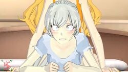 1futa 2girls 3d bedroom blonde_hair blush clothing constricted_pupils female futa_on_female futanari human implied_anal implied_sex medium_breasts painted_nails pajamas rwby sfmslayer surprised weiss_schnee white_hair yang_xiao_long