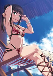 1girls armpits arms_up beach beach_chair bikini black_hair criss-cross_halter female female_only hairpin hairpin_in_mouth highres inou_shin kurosawa_dia legs_crossed long_hair looking_at_viewer love_live! love_live!_sunshine!! sitting solo swimsuit tagme third-party_edit tying_hair underboob