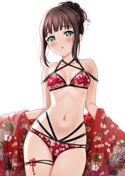 1girls bare_shoulders bikini black_hair blush criss-cross_halter female female_only hairpin japanese_clothes kurosawa_dia long_hair looking_at_viewer love_live! love_live!_sunshine!! open_mouth presenting sankuro_(agoitei) solo swimsuit tagme underboob