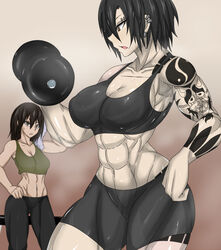 2girls abs barbell bike_short black_hair brown_eyes brown_hair dumbbell ear_piercing exercise eyebrow_piercing fit fit_female gym hair_over_one_eye jewelry light_skin long_hair multiple_girls muscles muscular muscular_female oc original original_character piercings sports_bra sweat sweatpants tank_top tattoo wet yuko_mizobuti_(zokusuke) zokusuke