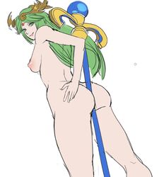 ass ass_focus green_eyes green_hair kid_icarus kid_icarus_uprising looking_at_viewer looking_back nintendo nude nude_female palutena staff sunbeam_(artist)