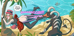 1girls alolan_exeggutor artist_name artist_signature ass assisted_exposure beach black_lace black_legwear black_stockings black_thighhighs black_topwear blonde_hair blue_eyes blush canine commission commission_art day detailed_background dialogue embarrassed english_text exposed_ass female fish growling holding_on horns houndoom humiliation interspecies lace-trimmed_panties long_hair long_legs looking_back magikarp nintendo no_shoes panties pink_handbag pink_hat pink_panties pointed_tail pokemon pokemon_xy pokephilia raised_eyebrow raptorwedgie red_eyes red_skirt rwedgie serena_(pokemon) smooth_skin softcore sound_effects suspended_in_midair text tree two_tone_panties upskirt water wedgie white_sunglasses