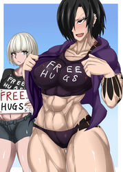 2girls abs black_eyes black_hair blonde_hair blush ear_piercing eyebrow_piercing eyelid_piercing fit fit_female free_hugs green_eyes hair hazel_eyes heart jacket large_breasts long_hair multiple_girls muscles muscular muscular_female muscular_thighs oc original original_character panties piercings shirt_logo sign sweatdrop tank_top tattoo thick_thighs tight_clothing yuko_mizobuti_(zokusuke) zokusuke