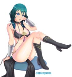 1girls alternate_costume blue_eyes blue_hair bondage boots breasts byleth_(fire_emblem) byleth_(fire_emblem)_(female) chain_leash chains cleavage female femsub fire_emblem fire_emblem:_three_houses glitchynpc looking_at_viewer medium_hair nintendo open_mouth slave solo solo_female underboob white_background white_skin