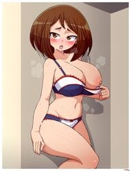 1girls areolae big_breasts blush bra breasts brown_eyes brown_hair busty female female_only heat_(temperature) large_breasts my_hero_academia nipples ochako_uraraka panties simmsy solo solo_female sweat teenager underwear