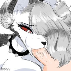 1:1 anthro big_breasts black_body black_fur black_nose breasts canid canid_demon canine collar demon disembodied_penis duo eyelashes fellatio female fur genitals grey_hair hair hair_over_eye heart_eyes heart_symbol hellaverse hellhound helluva_boss hi_res human humanoid_penis loona_(helluva_boss) male male/female mammal midra mythological_canine mythological_creature mythology oral penile penis red_sclera sex simple_background spiked_collar spikes white_background white_body white_eyes white_fur