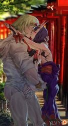 1boy 1girls blonde_hair bottomless closed_eyes clothed_sex cum fate/grand_order fate_(series) feet folded held_up kissing larger_male legs_on_shoulders legs_up lifting outdoors penis purple_hair sakata_kintoki_(fate/grand_order) sex short_hair shuten_douji_(fate) shuten_douji_(fate/grand_order) size_difference small_breasts smaller_female stand_and_carry_position standing ylvish_(ylvy) ylvy