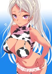 alternate_costume animal_print asava_(hutaitenn) bikini blue_background breasts conte_di_cavour_(kantai_collection) cow_print cowboy_shot female gradient gradient_background highres kantai_collection large_breasts long_hair looking_at_viewer navel print_bikini purple_eyes shrug_(clothing) sleeveless smile solo standing swimsuit tan very_long_hair white_background white_hair