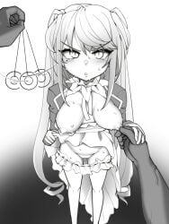 1boy 1girls big_breasts blush breasts breasts_out censored clothing dark-skinned_male desert_eagle_(girls'_frontline) feet_out_of_frame female girls'_frontline greyscale groin hypnosis large_breasts light-skinned_female long_hair looking_at_viewer male mind_control mole mole_under_eye monochrome mosaic_censoring nipple_tweak nipples open_clothes padark panties panties_down pendulum pussy skirt skirt_lift standing sweat sweatdrop