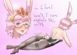 artist_name artist_signature ass back_boob back_muscles back_view barefoot black_legwear bunny_ears bunny_girl bunny_tail feet glasses laying_down legwear open_mouth paladins pantyhose pink_eyes pink_hair rei_(paladins) sideboob text tiara worried worried_expression worried_look zkami0